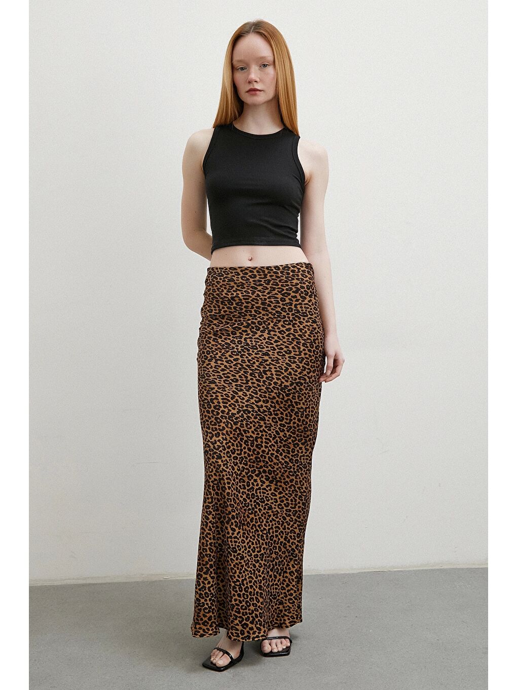 Karışık Leopar Desenli Verev Etek Kahve-2