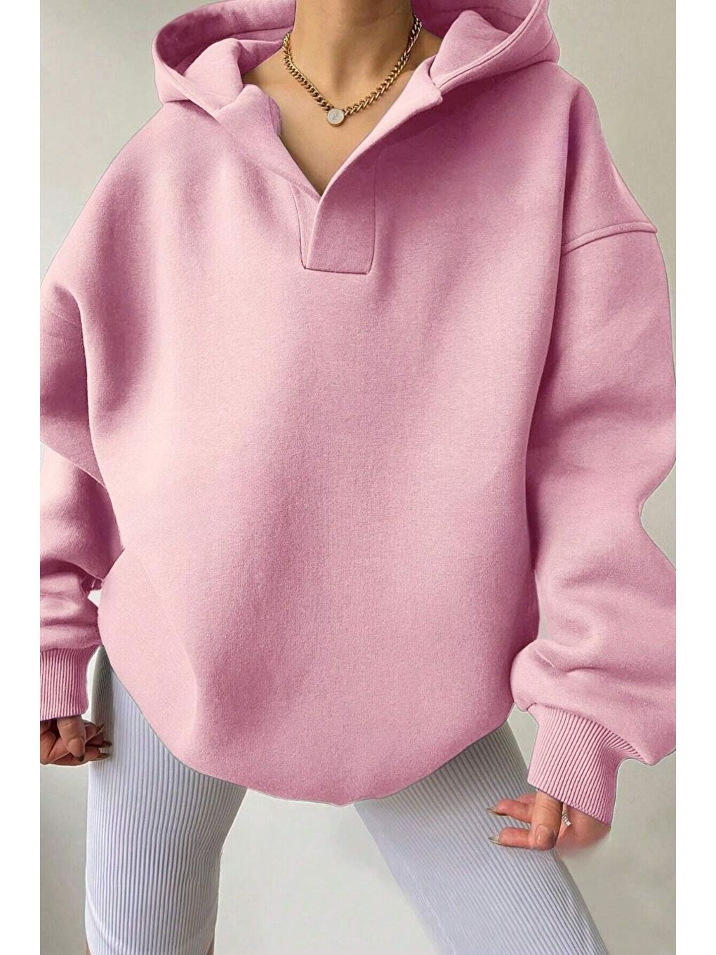 Trendseninle Pembe Kadın Pembe Relax Yaka Detay Oversize Kapüşonlu Sweatshirt