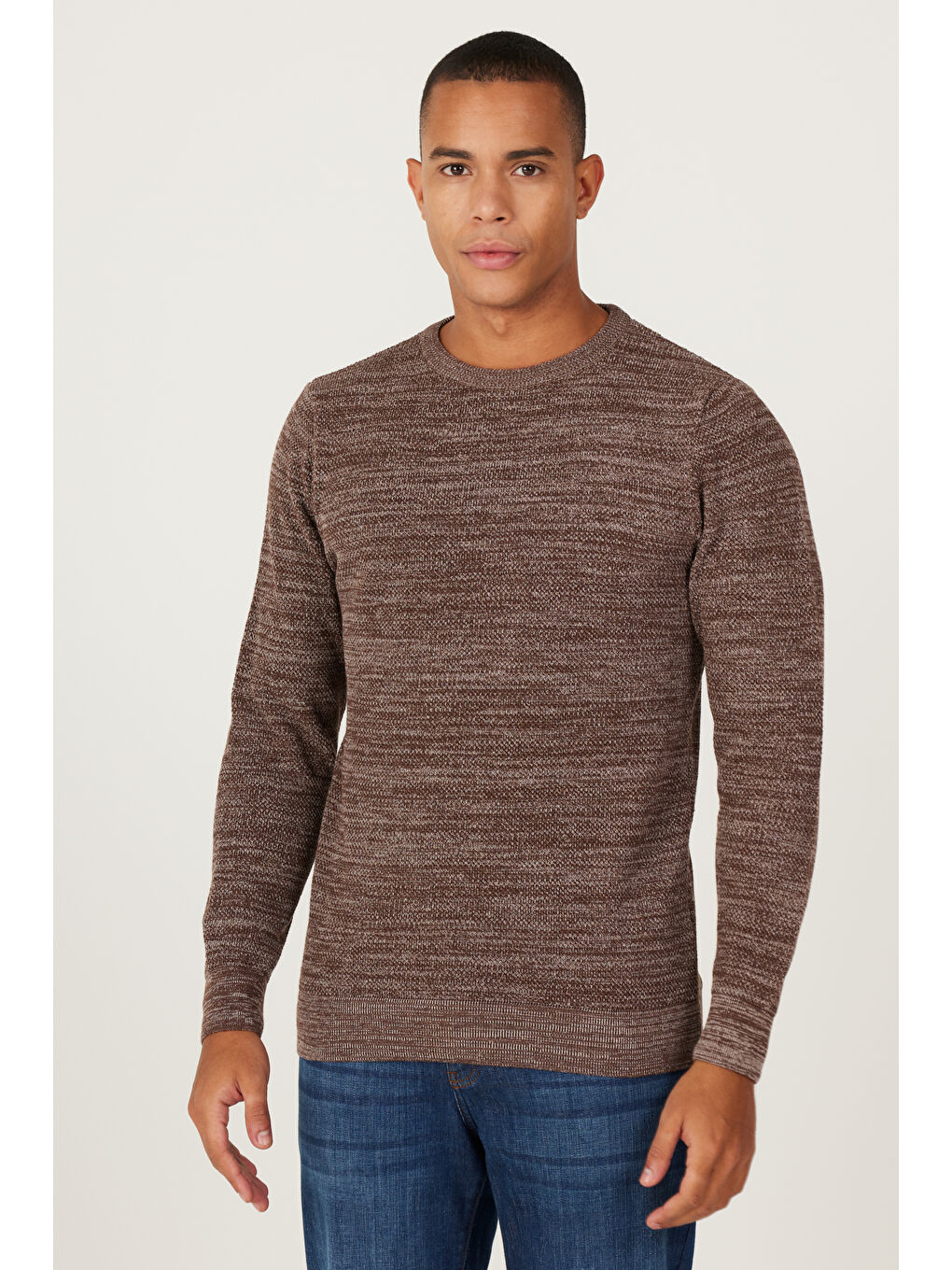 Kahverengi Erkek Kahve-Bej Recycle Standart Fit Normal Kesim Bisiklet Yaka Pirinç Örgü Desenli Triko-5