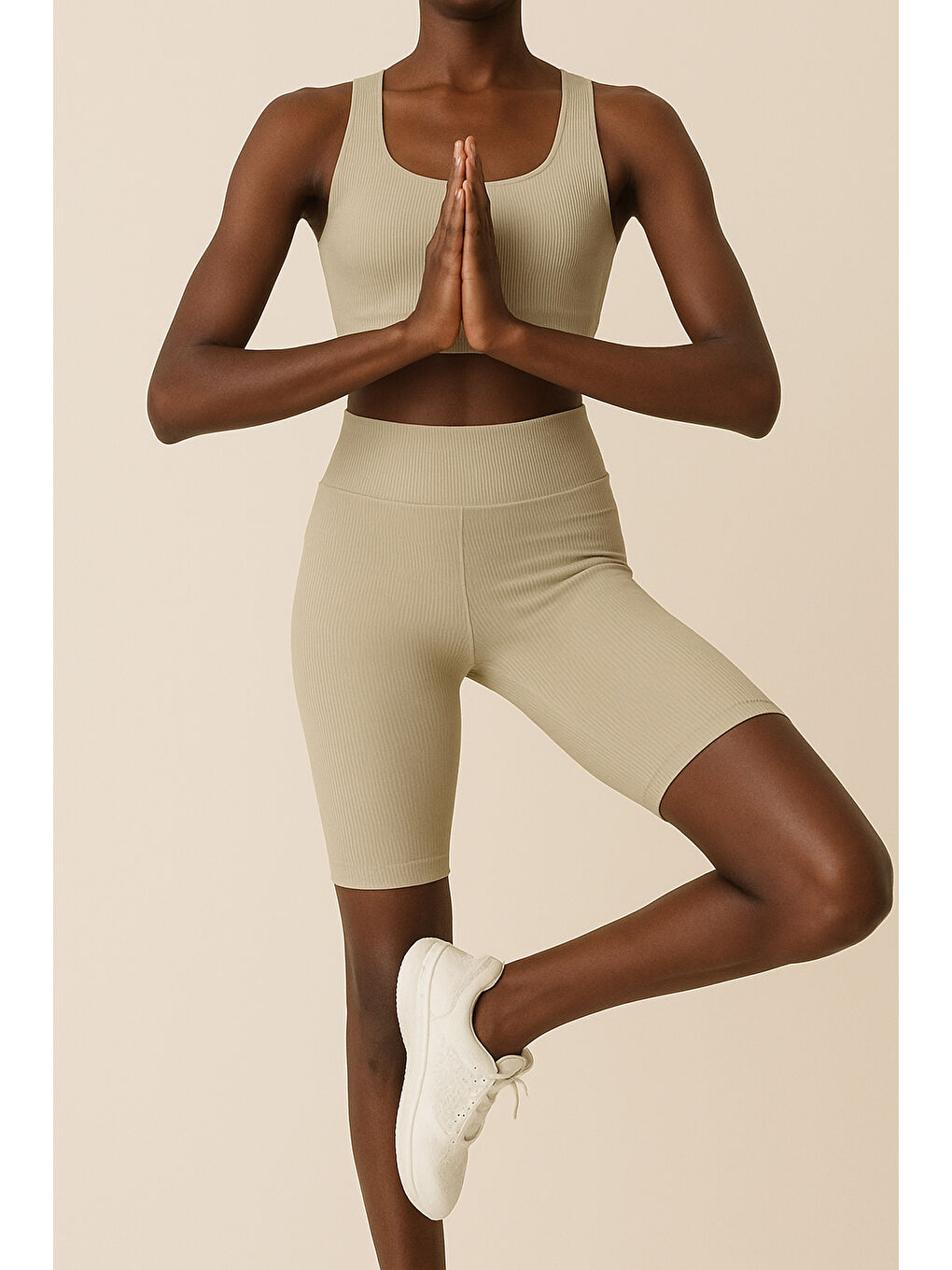 Bej Kadın Yüksek Bel Toparlayıcı Ripli Fitilli Kısa Spor Tayt-2