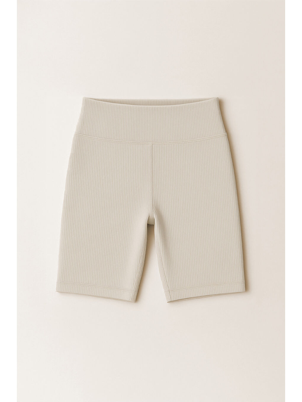 Bej Kadın Yüksek Bel Toparlayıcı Ripli Fitilli Kısa Spor Tayt-3