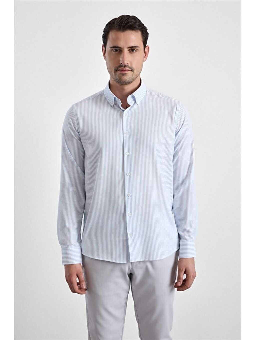 Buz Mavi Slim Düğmeli Yaka Casual Gömlek