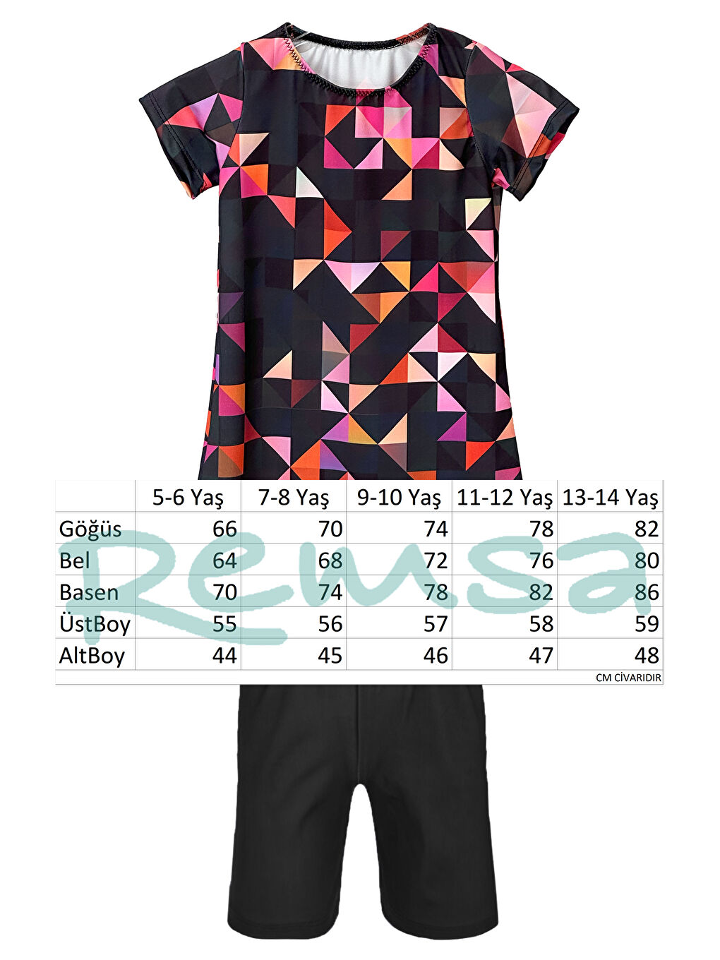 Kız Çocuk Kısa Kollu Elastanlı Taytlı Yarı Kapalı Mayo R5005 Pembe Geometrik-1