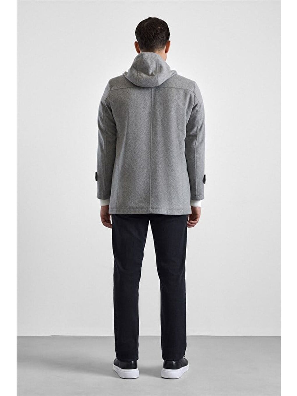 Gri Slim Kapüşonlu Düz Yan Cepli Fermuarlı Dolgusuz Standart Kaban-5