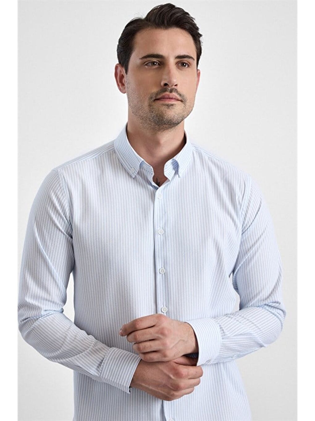 Buz Mavi Slim Düğmeli Yaka Casual Gömlek-1