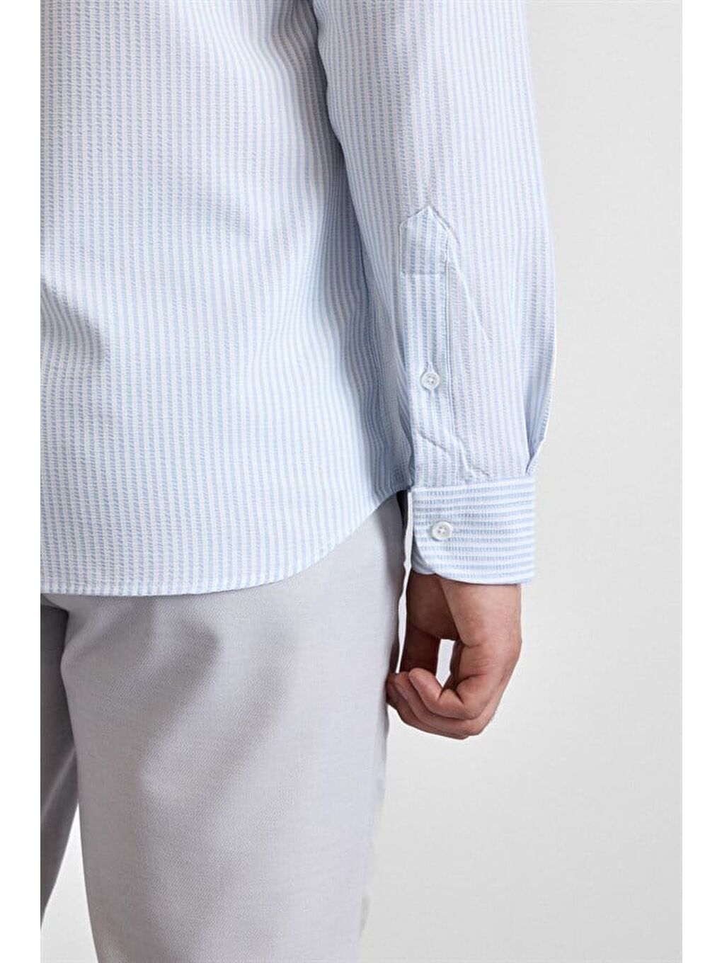 Buz Mavi Slim Düğmeli Yaka Casual Gömlek-2