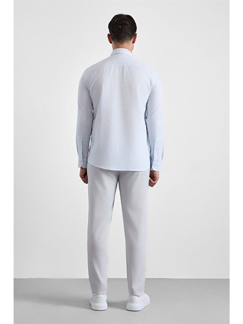 Buz Mavi Slim Düğmeli Yaka Casual Gömlek-3