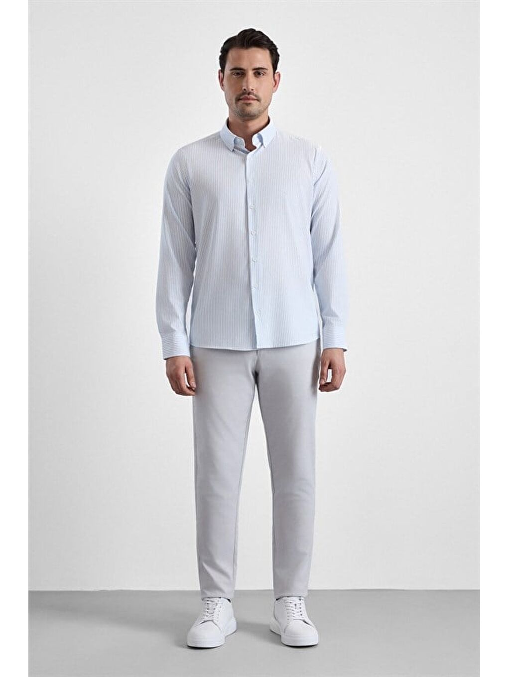 Buz Mavi Slim Düğmeli Yaka Casual Gömlek-4