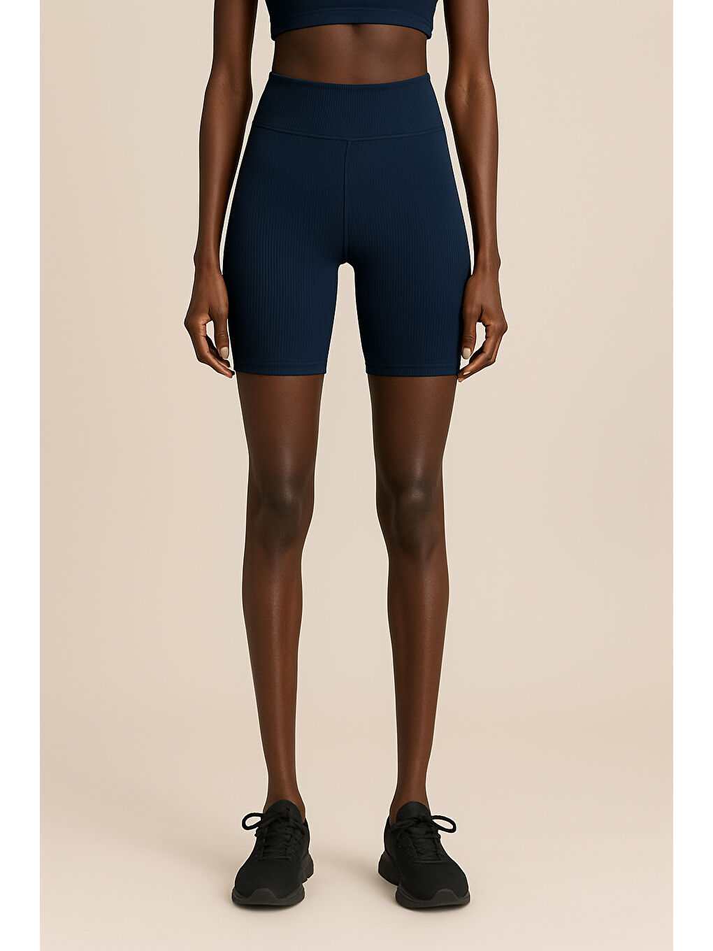 Lacivert Kadın Yüksek Bel Toparlayıcı Ripli Fitilli Kısa Spor Tayt