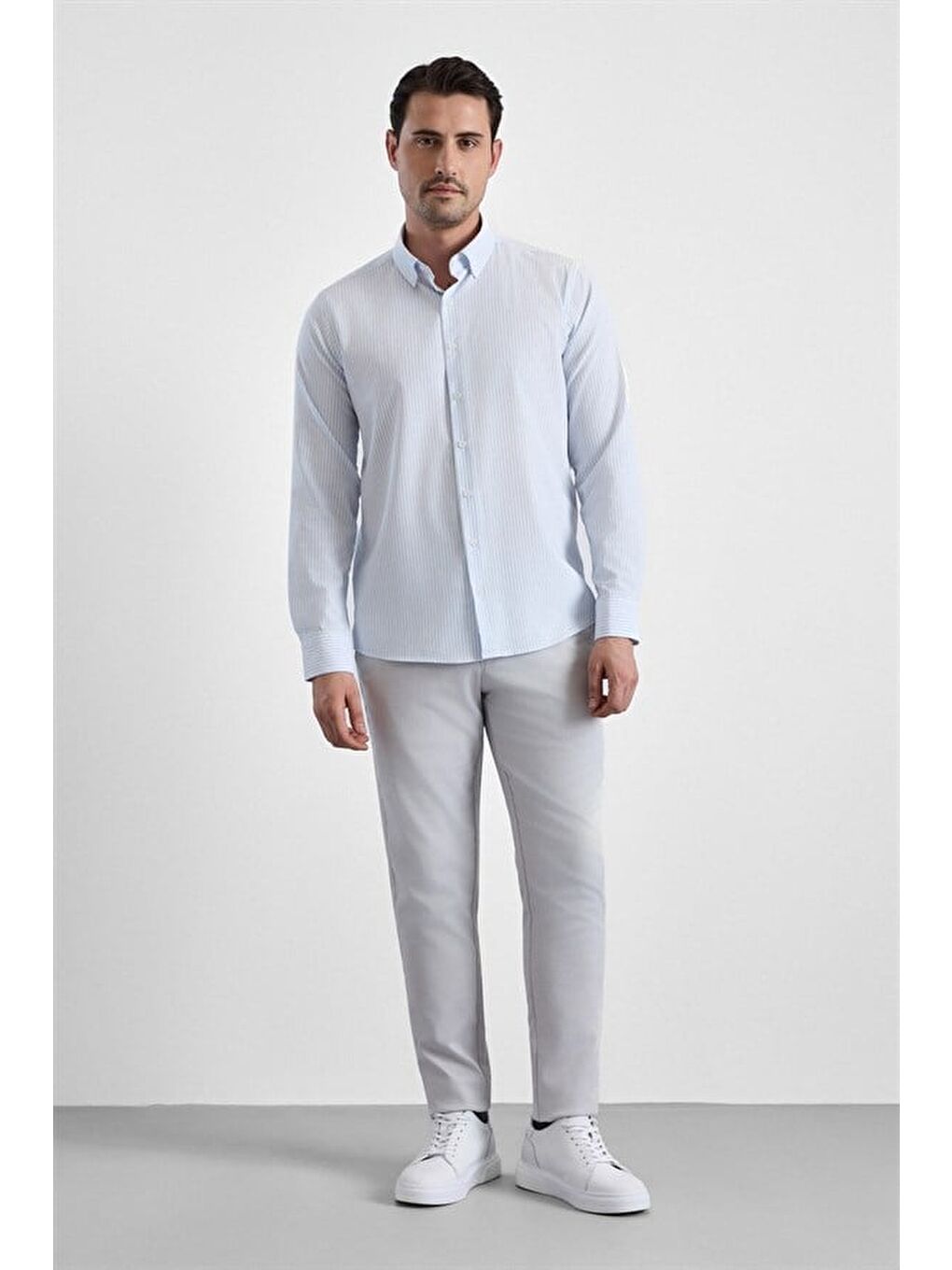 Buz Mavi Slim Düğmeli Yaka Casual Gömlek-5