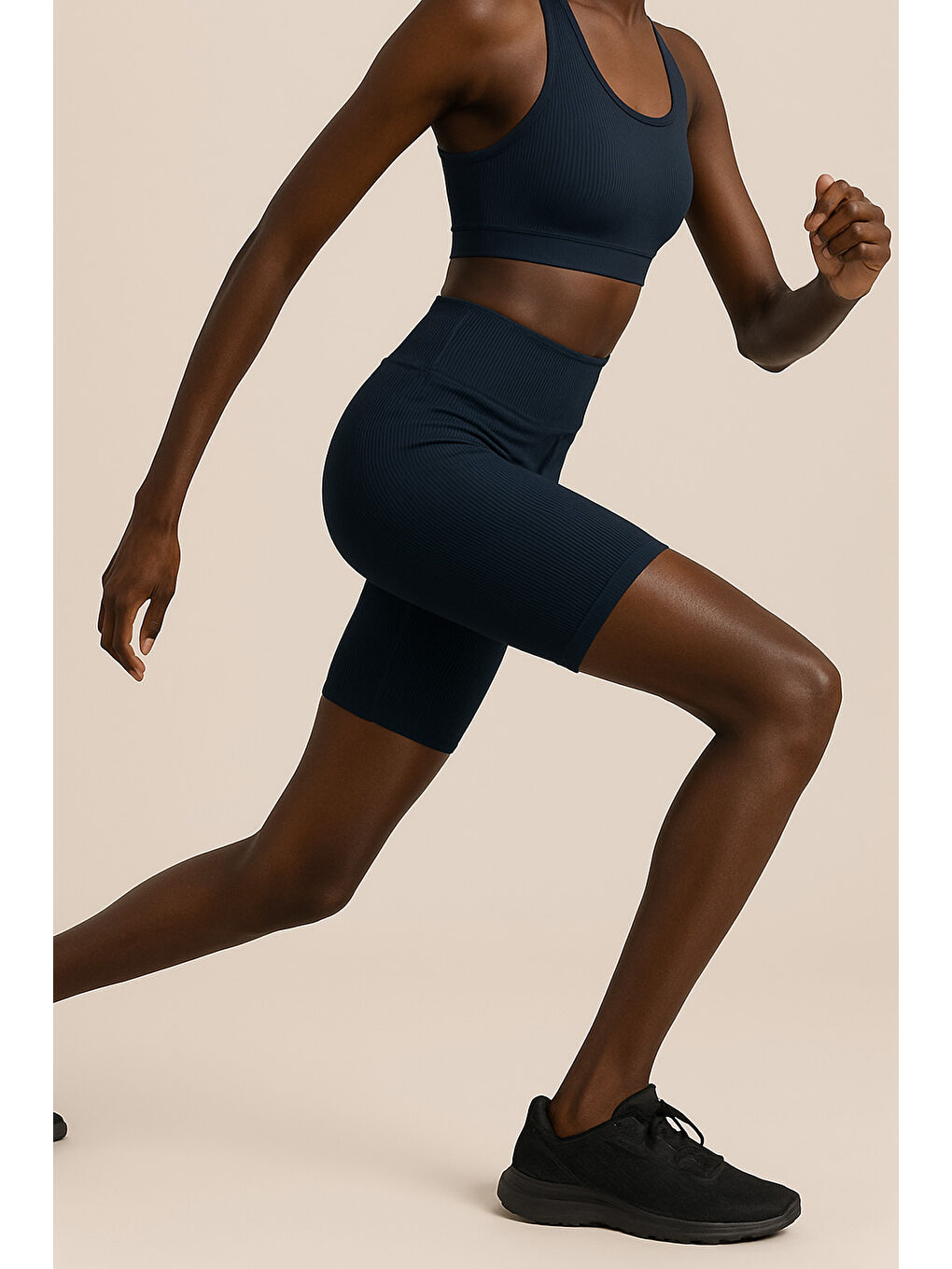 Lacivert Kadın Yüksek Bel Toparlayıcı Ripli Fitilli Kısa Spor Tayt-2
