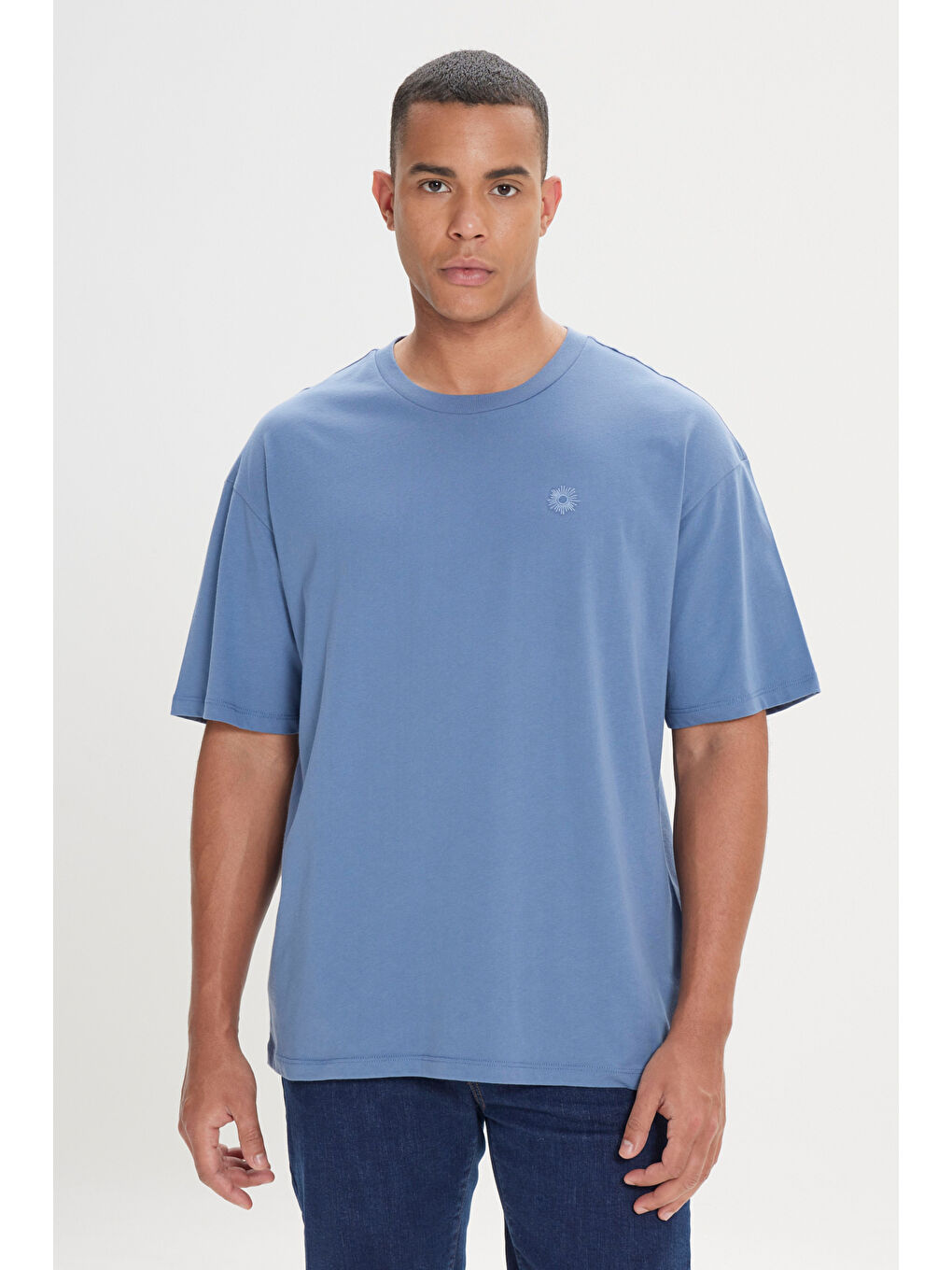 Erkek İndigo Loose Fit Bol Kesim %100 Pamuk Baskılı Bisiklet Yaka Tişört