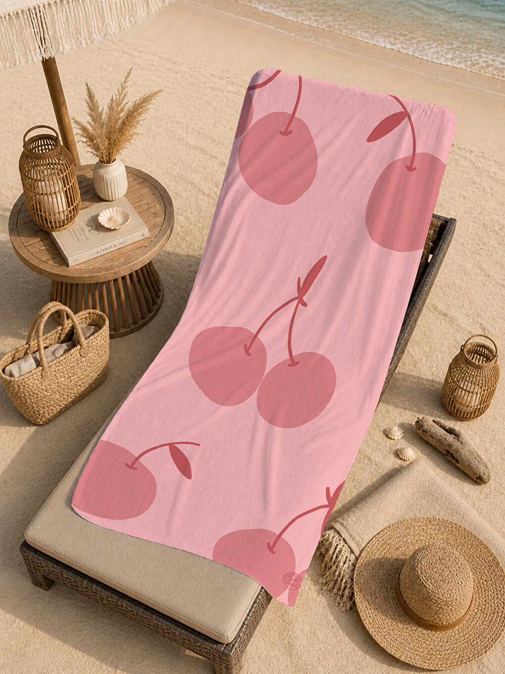 Pudra Pembe Minimal Kiraz Desenli 70x150 Cm Dijital Baskılı Plaj Ve Banyo Havlusu-4