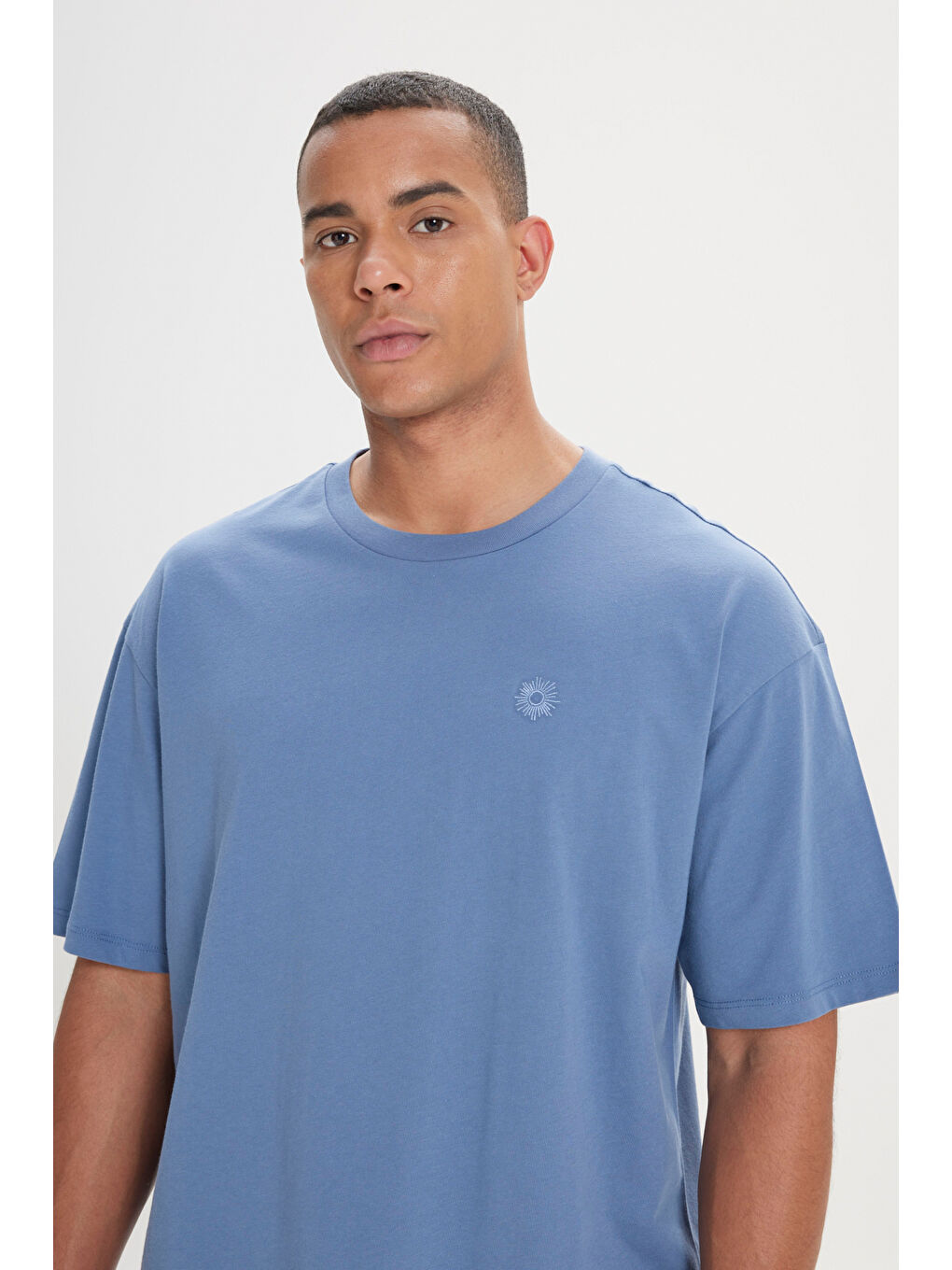 Erkek İndigo Loose Fit Bol Kesim %100 Pamuk Baskılı Bisiklet Yaka Tişört-2