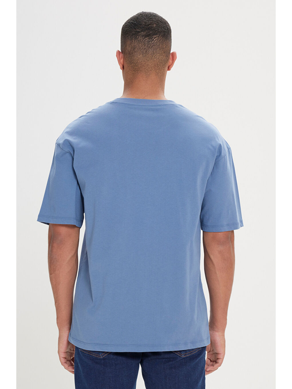 Erkek İndigo Loose Fit Bol Kesim %100 Pamuk Baskılı Bisiklet Yaka Tişört-3