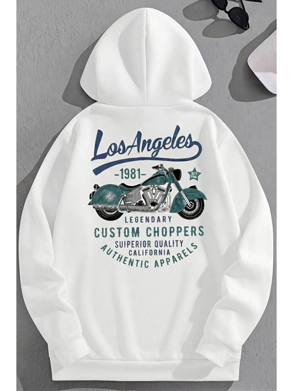 Unisex 3 İplik Pamuklu Beyaz Losangeles1981 Baskı Bol Kalıp Sweatshirt Hoodie