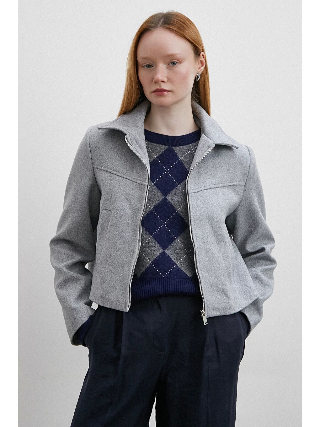 Fermuarlı Kaşe Ceket Gri-1