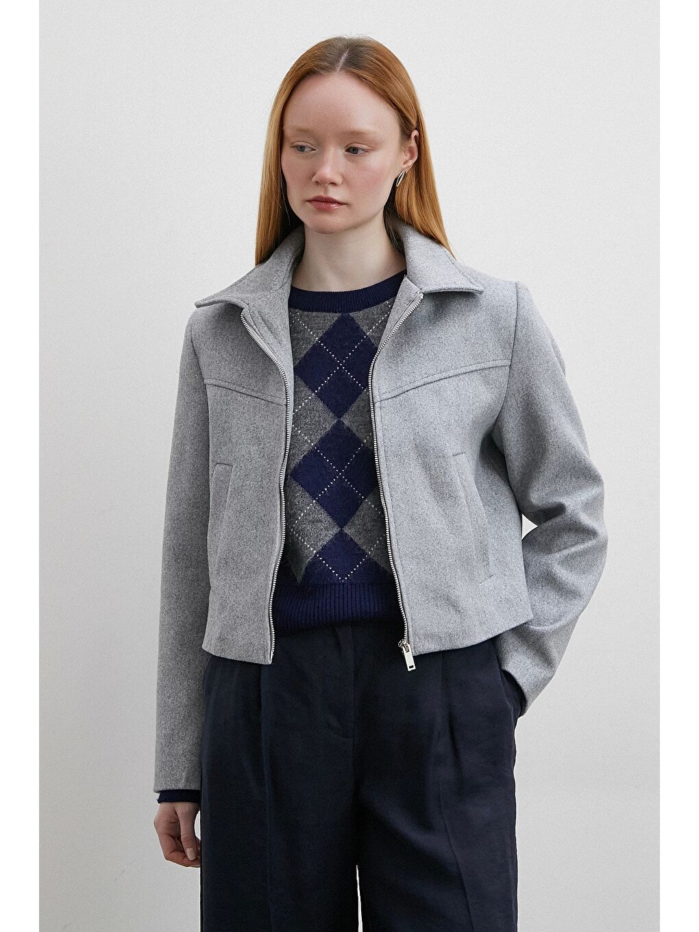 Fermuarlı Kaşe Ceket Gri-2