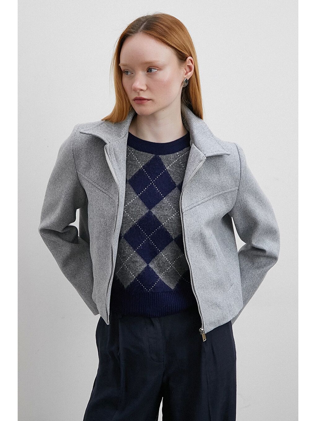 Fermuarlı Kaşe Ceket Gri-3