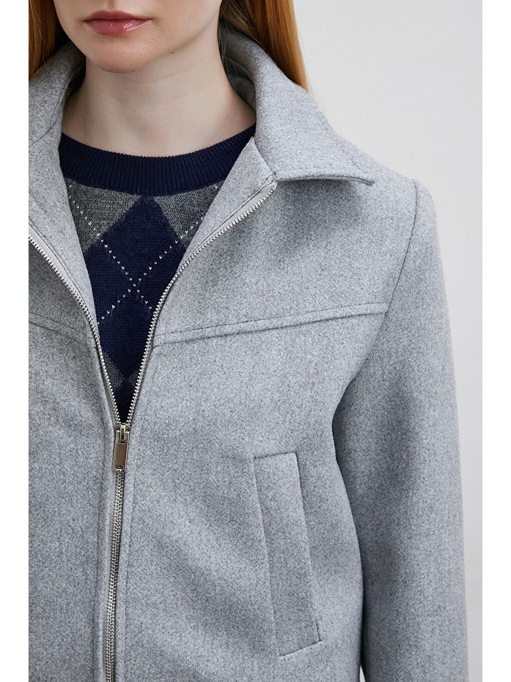Fermuarlı Kaşe Ceket Gri-4