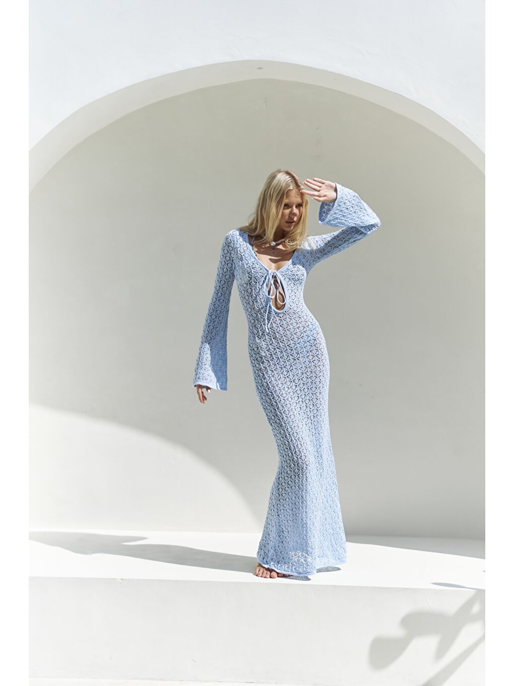 Nugruho Bağlama Detay Mavi Triko Uzun Elbise-2