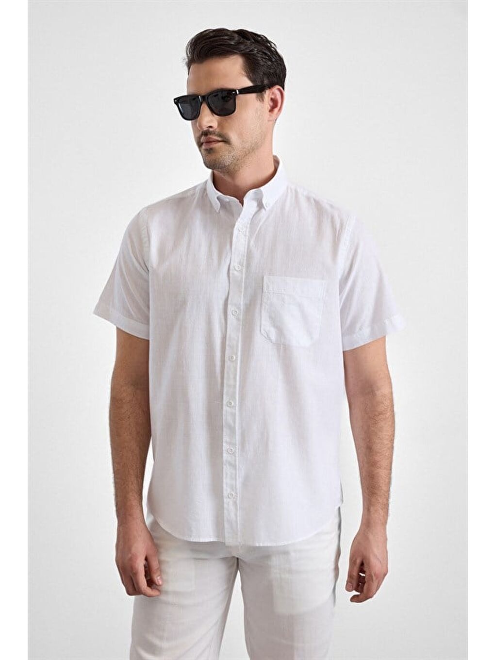 Beyaz Regular Düğmeli Yaka Düz Casual Gömlek-1