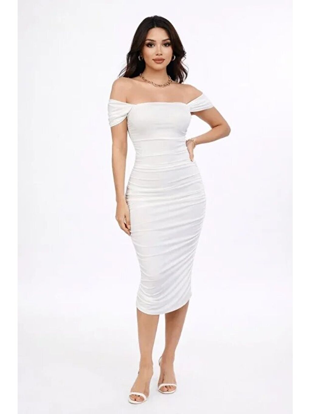 Madonna Yaka Drapeli Midi Elbise Elastanlı Vücuda Oturan Davet Elbisesi - Beyaz