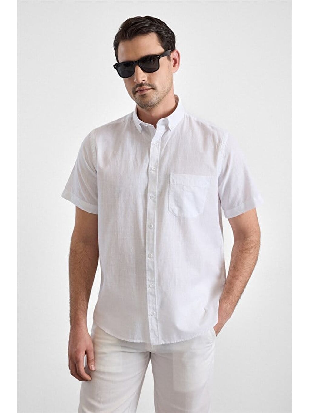 Beyaz Regular Düğmeli Yaka Düz Casual Gömlek-2