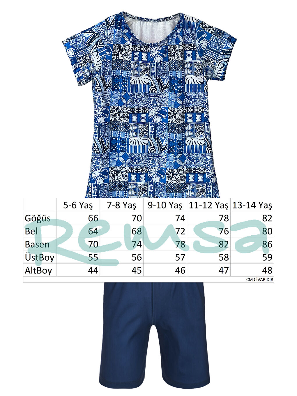 Mavi Kız Çocuk Kısa Kollu Elastanlı Taytlı Yarı Kapalı Mayo R5005 Saliha-1