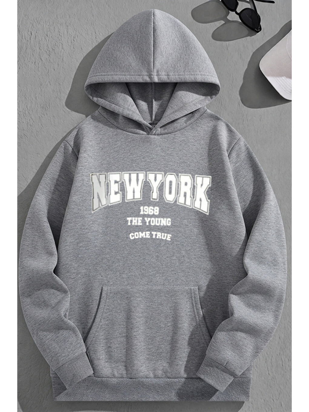 Unisex 3 İplik Pamuklu Gri Newyork1968come Baskı Bol Kalıp Sweatshirt Hoodie