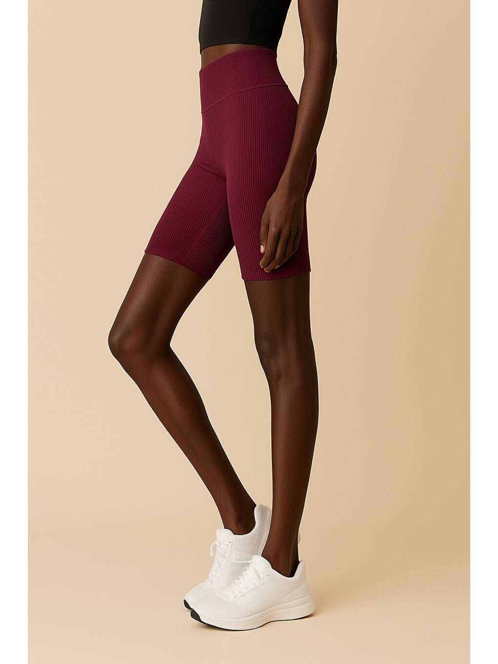 Mürdüm Kadın Yüksek Bel Toparlayıcı Ripli Fitilli Kısa Spor Tayt-1