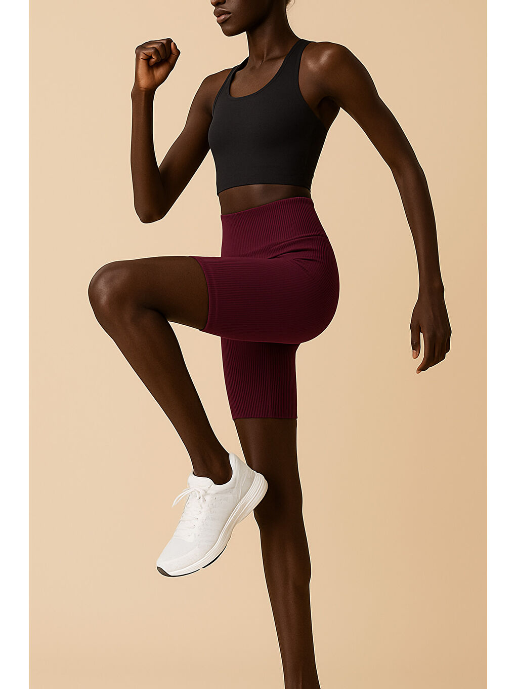 Mürdüm Kadın Yüksek Bel Toparlayıcı Ripli Fitilli Kısa Spor Tayt-2