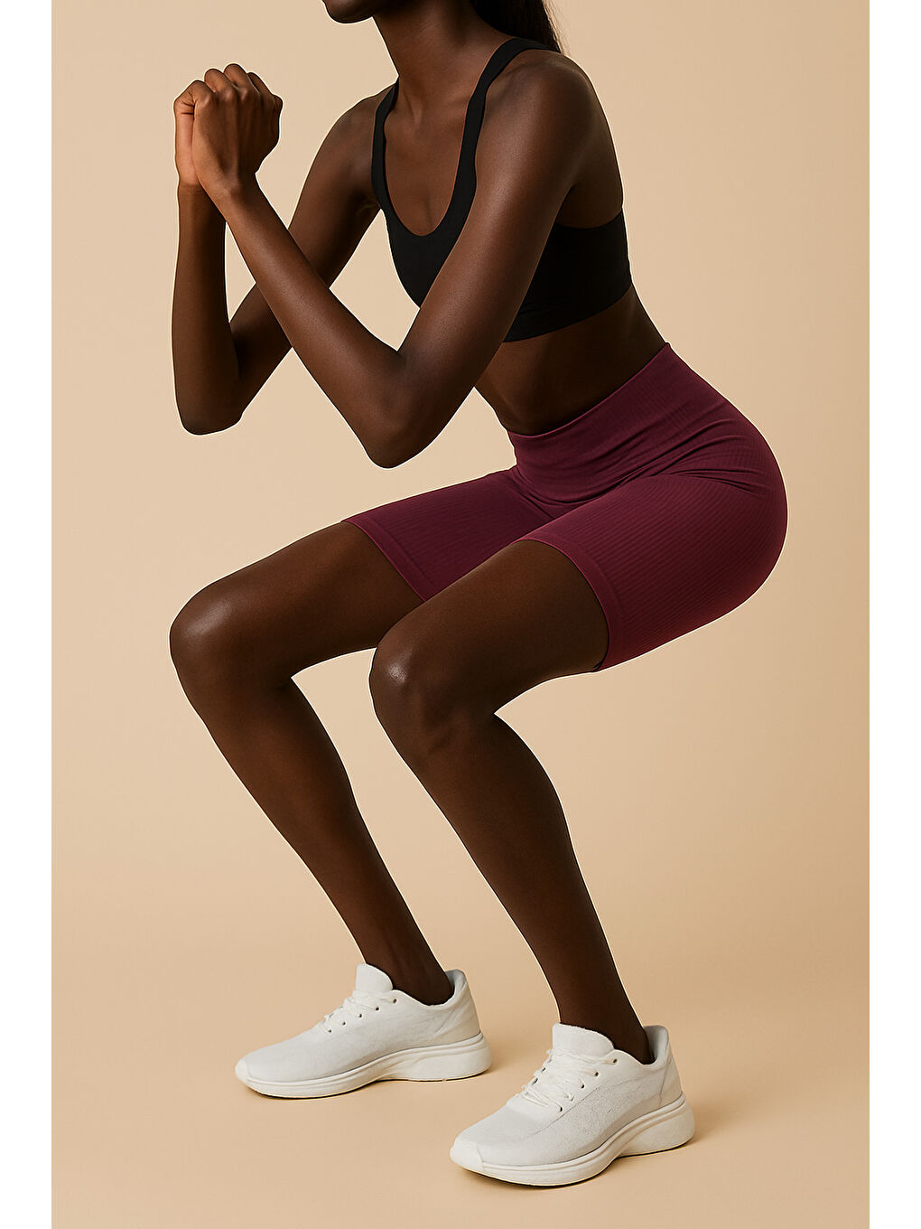 Mürdüm Kadın Yüksek Bel Toparlayıcı Ripli Fitilli Kısa Spor Tayt-3