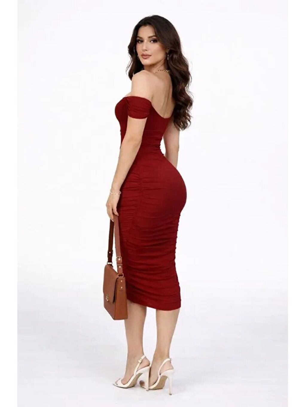 Madonna Yaka Drapeli Midi Elbise Elastanlı Vücuda Oturan Davet Elbisesi - Bordo-1