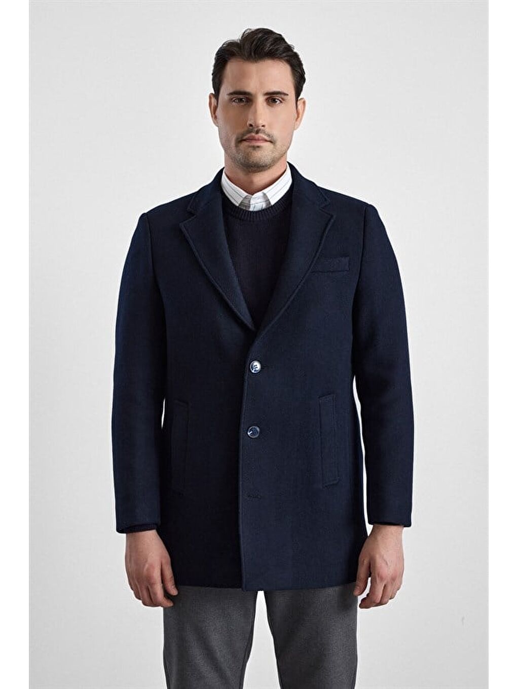 Lacivert Slim Mono Yaka Düz Yan Cepli Düğmeli Dolgusuz Standart Kaban