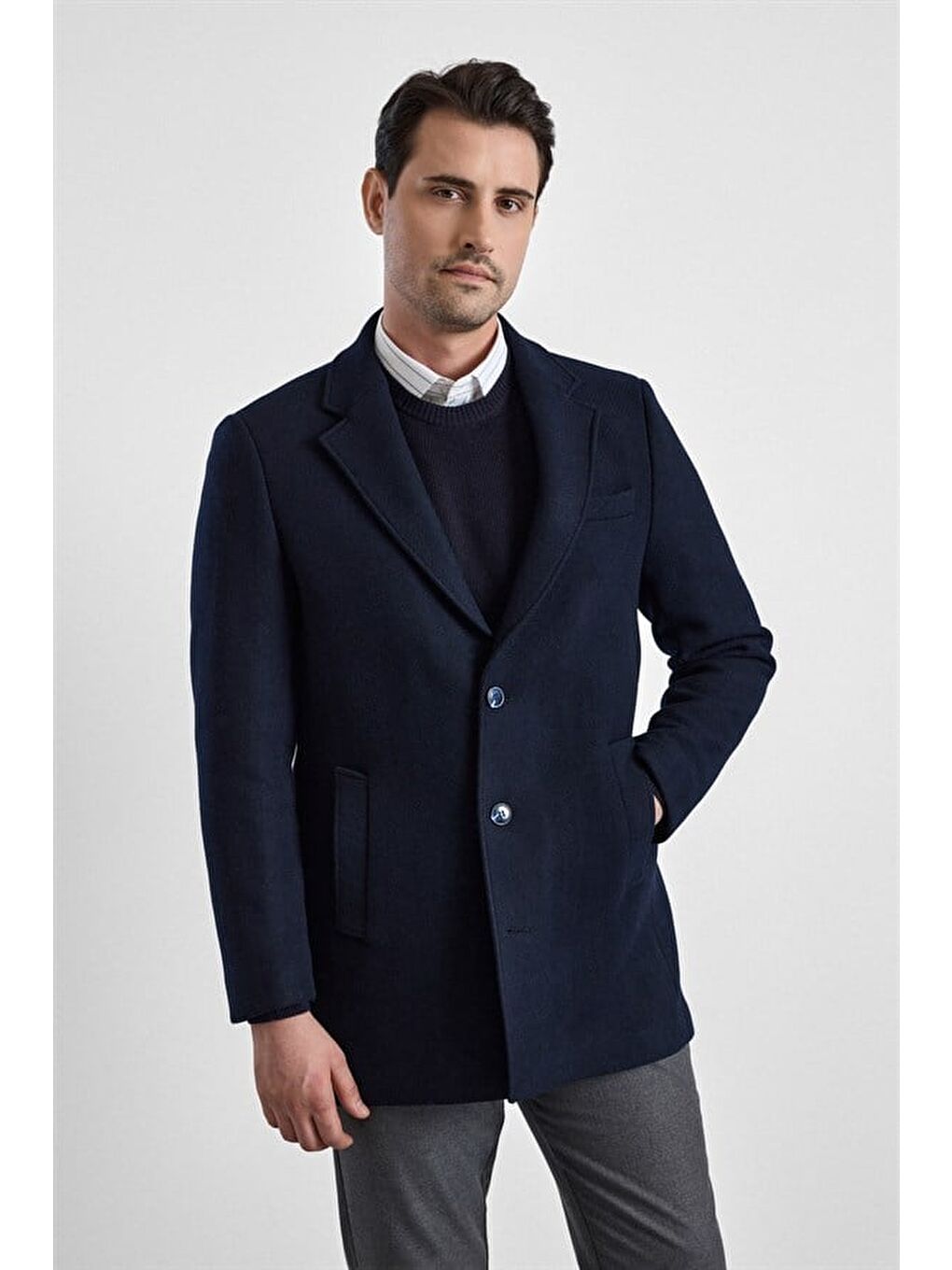 Lacivert Slim Mono Yaka Düz Yan Cepli Düğmeli Dolgusuz Standart Kaban-1