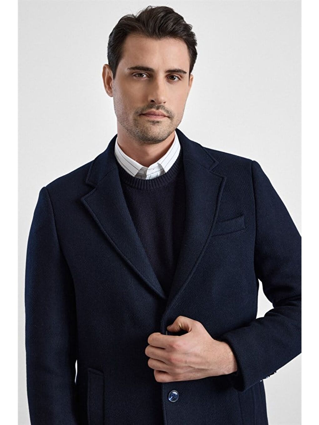 Lacivert Slim Mono Yaka Düz Yan Cepli Düğmeli Dolgusuz Standart Kaban-2