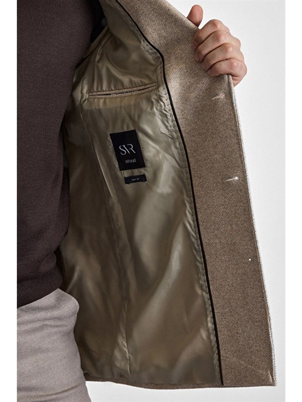 Bej Slim Sivri Yaka Düz Yan Cepli Düğmeli Dolgusuz Standart Kaban-2