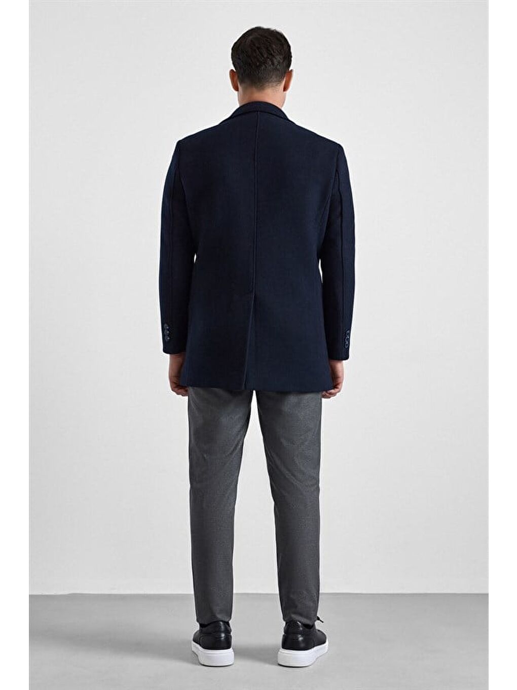 Lacivert Slim Mono Yaka Düz Yan Cepli Düğmeli Dolgusuz Standart Kaban-4