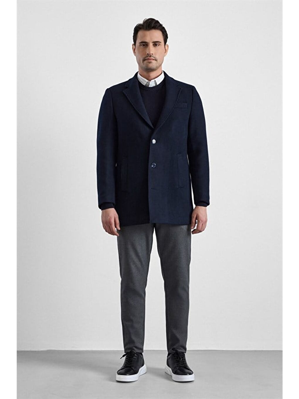 Lacivert Slim Mono Yaka Düz Yan Cepli Düğmeli Dolgusuz Standart Kaban-5