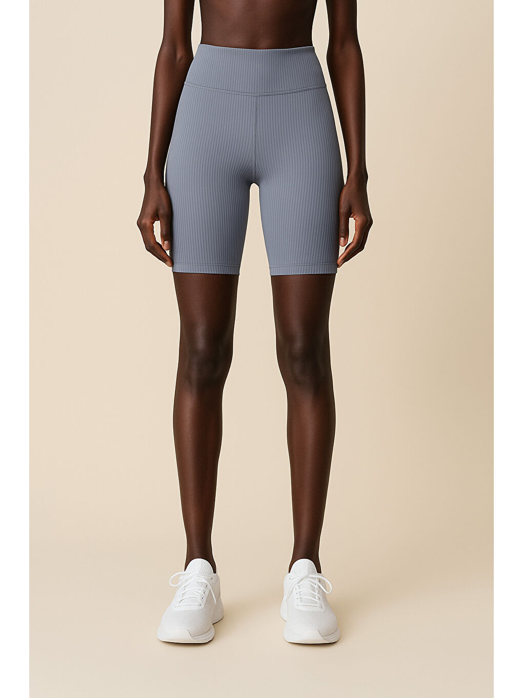Mavi Kadın Yüksek Bel Toparlayıcı Ripli Fitilli Kısa Spor Tayt