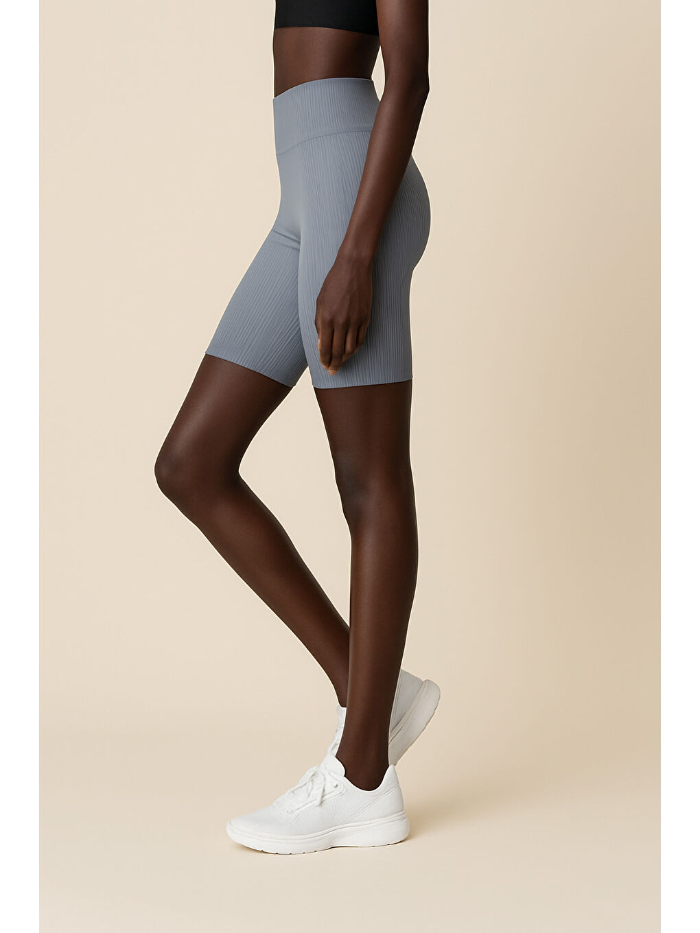 Mavi Kadın Yüksek Bel Toparlayıcı Ripli Fitilli Kısa Spor Tayt-1