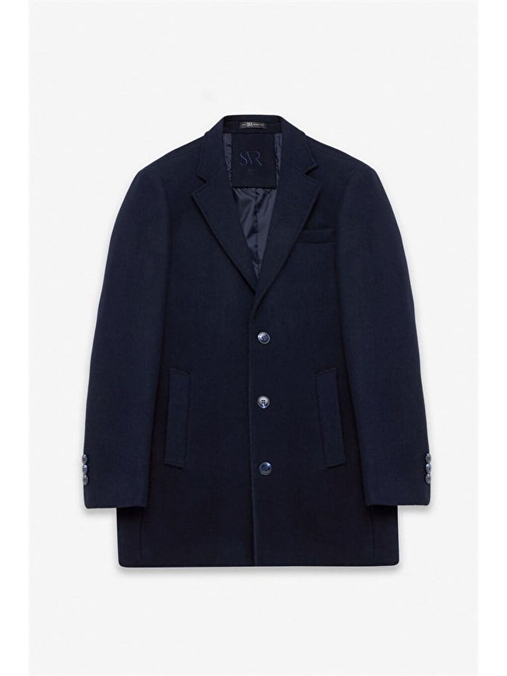 Lacivert Slim Mono Yaka Düz Yan Cepli Düğmeli Dolgusuz Standart Kaban-6