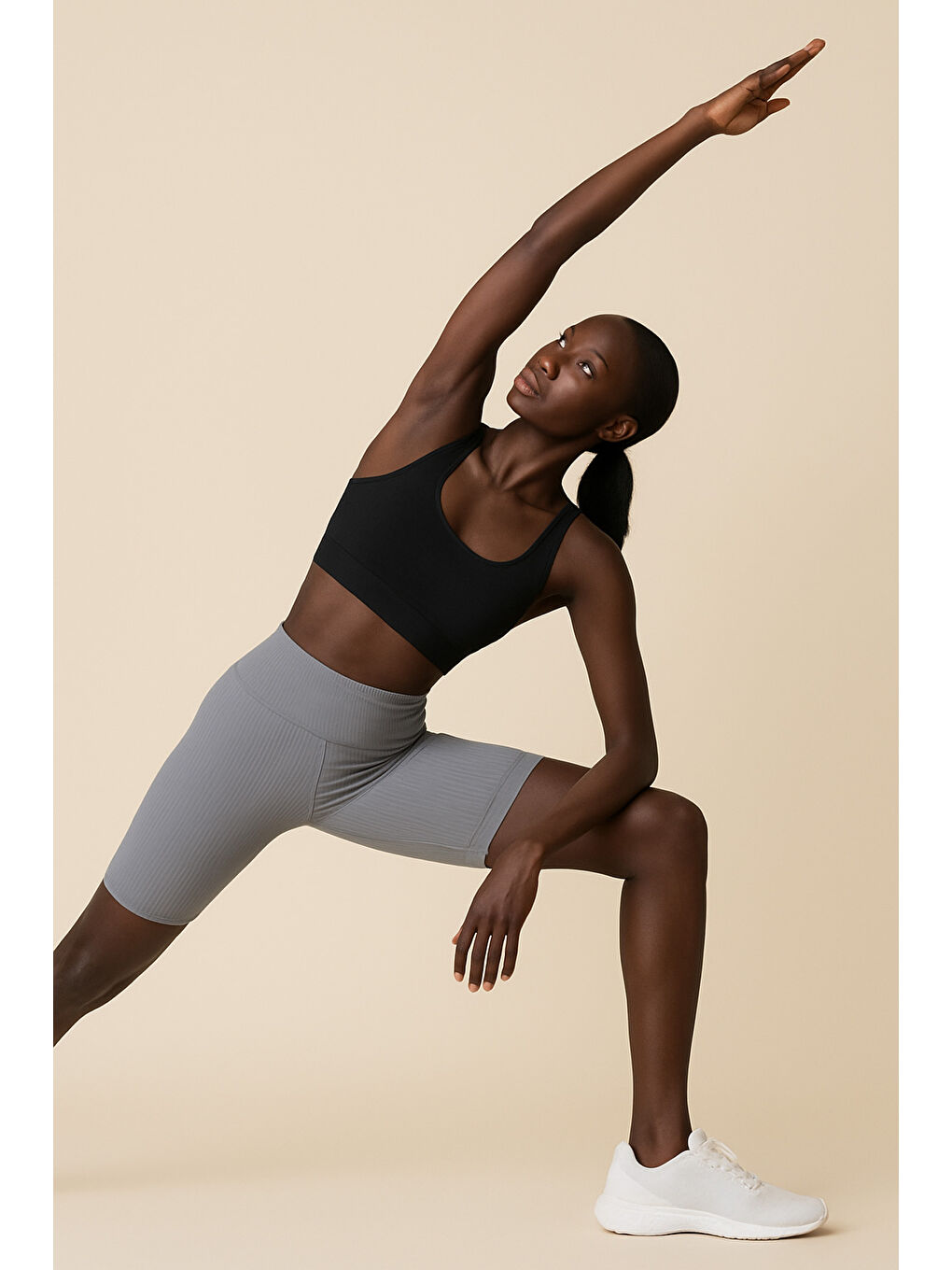 Mavi Kadın Yüksek Bel Toparlayıcı Ripli Fitilli Kısa Spor Tayt-2