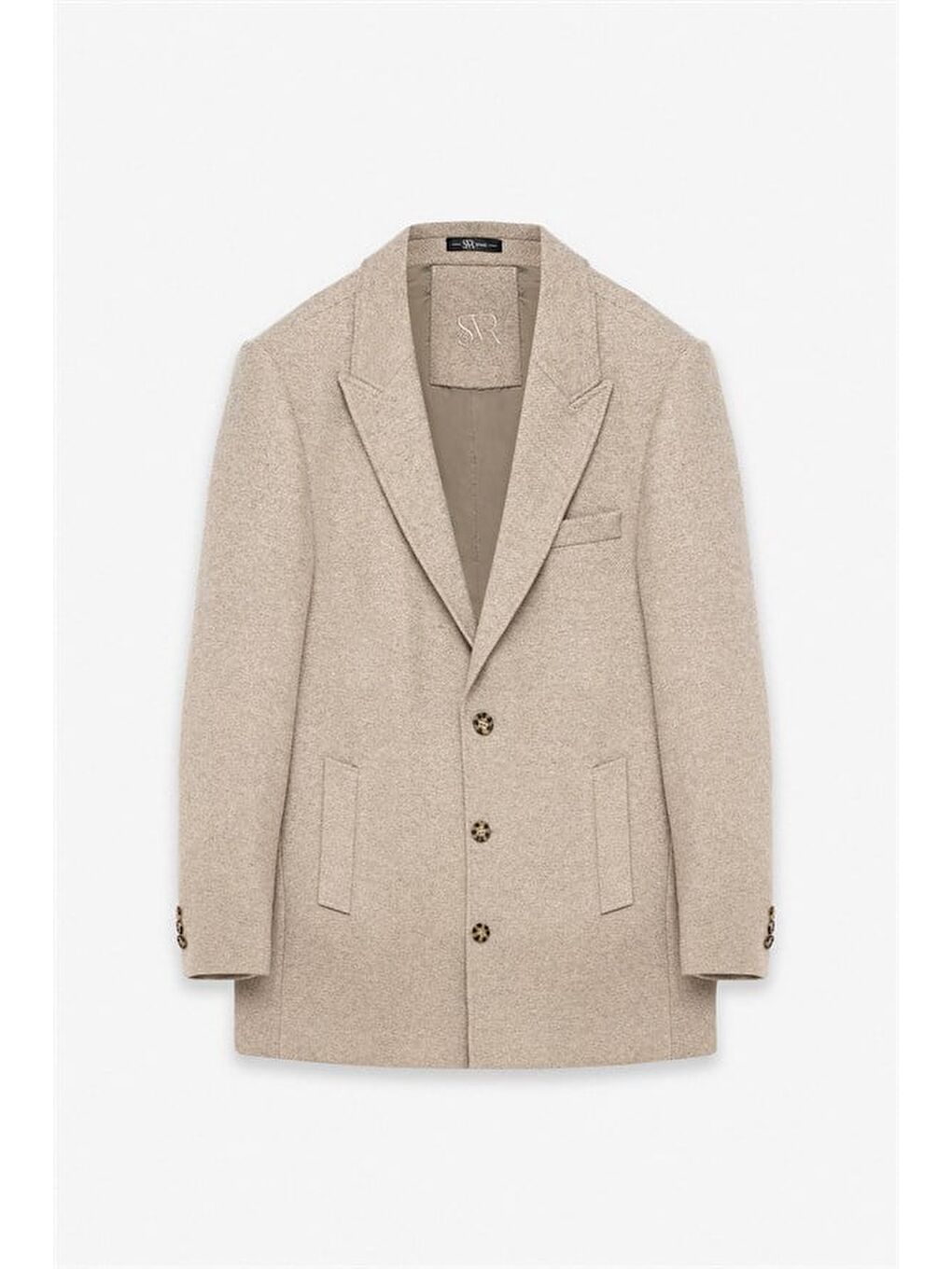 Bej Slim Sivri Yaka Düz Yan Cepli Düğmeli Dolgusuz Standart Kaban-8