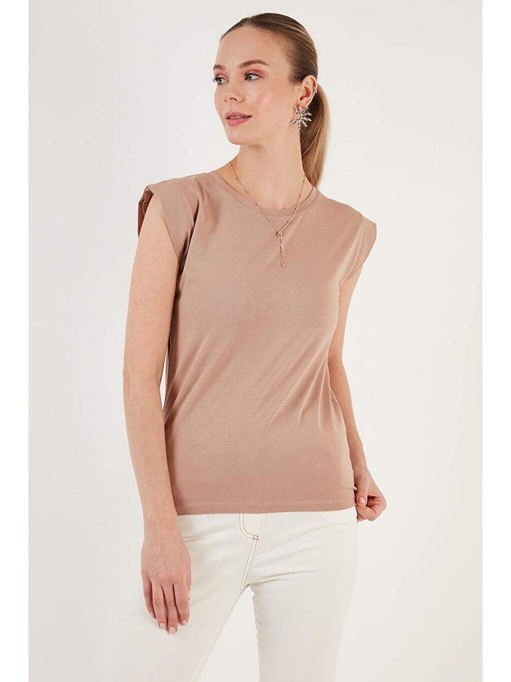 Kahverengi % 100 Pamuklu Bisiklet Yaka Kolsuz Tişört-4