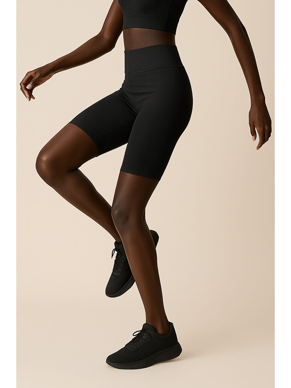 Siyah Kadın Yüksek Bel Toparlayıcı Ripli Fitilli Kısa Spor Tayt-2