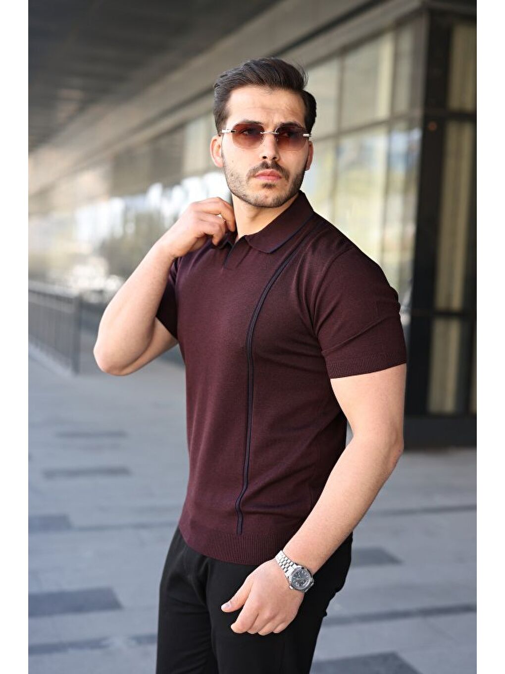 Bordo Erkek Polo Yaka Triko Tişört-1