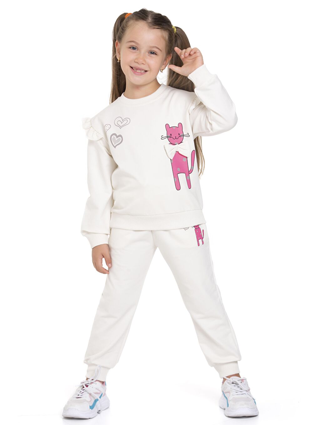 Ekru Bisiklet Yaka Uzun Kol Kedi Baskılı Koyu Pembe Renk Kız Çocuk Eşofman Takımı