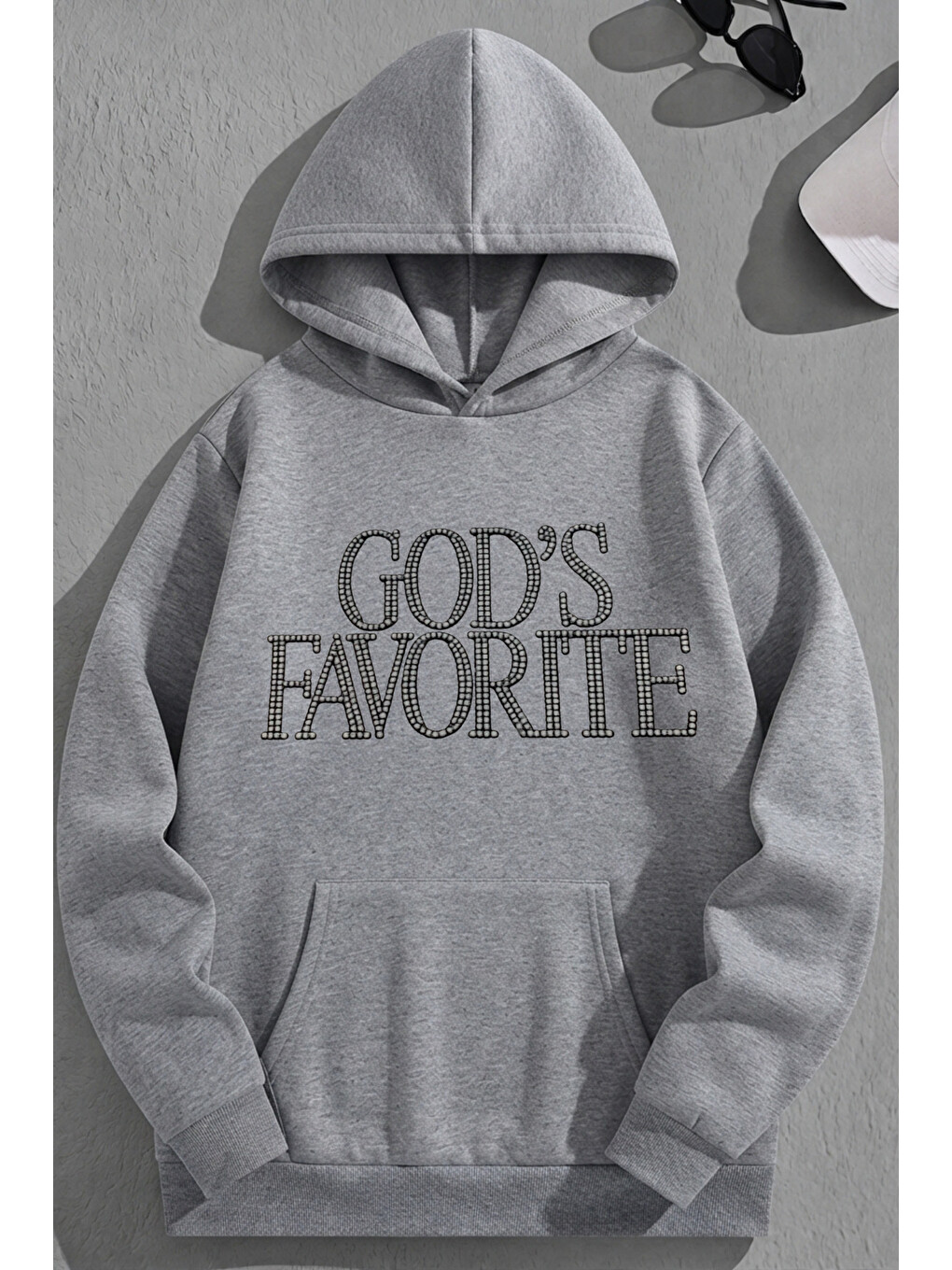 Unisex 3 İplik Pamuklu Gri Godsfavorite Baskı Bol Kalıp Sweatshirt Hoodie